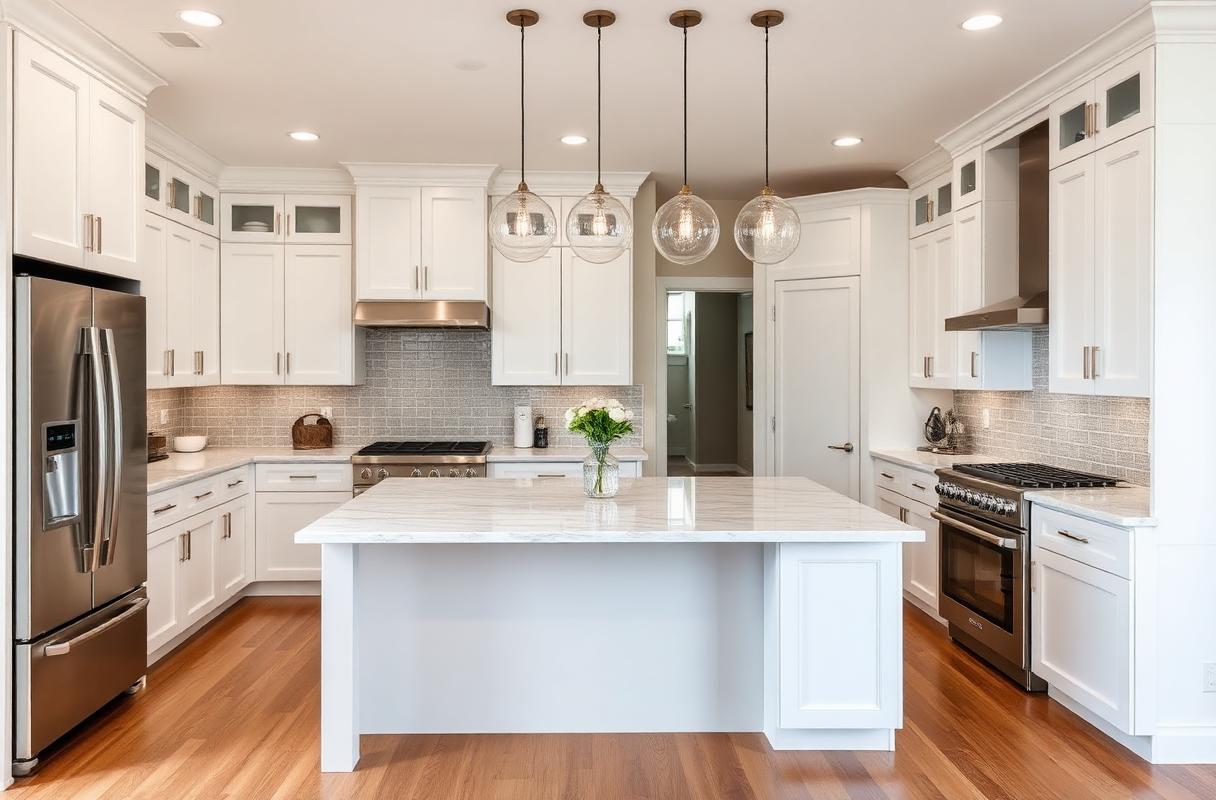 Renovated white kitchen with quartz island
